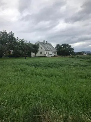 a white house in a field of green grass at Nicoll-huset in Ølve