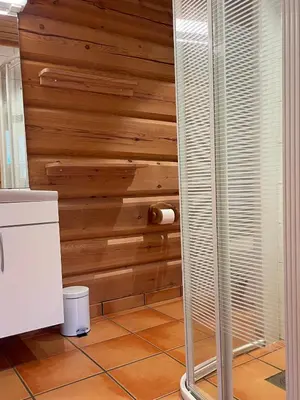 a bathroom with a wooden wall and a toilet at Rondane Sollia Friluftsliv Øvre Nordli in Sollia