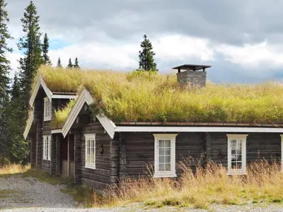 an old log cabin with grass on the roof at 12 person holiday home in Fåvang-By Traum in Favang