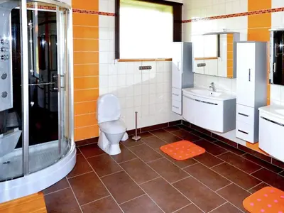 a bathroom with a toilet and a sink and a shower at 10 person holiday home in EIDSVÅG in Rød