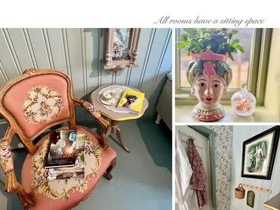a collage of pictures with a chair and a table at Villa Solvorn in Solvorn