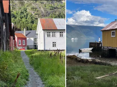 two pictures of houses and a boat on a lake at Villa Solvorn in Solvorn