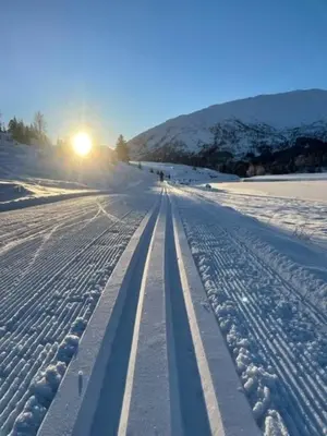 a snow covered road with the sun in the background at Kjøsnes Feriehytter in Skei