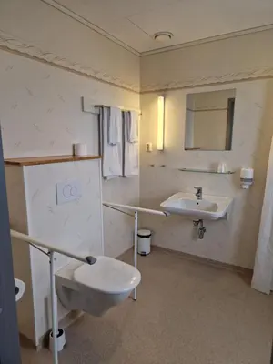 a bathroom with a toilet and a sink at Bjugn Hotell in Botngard