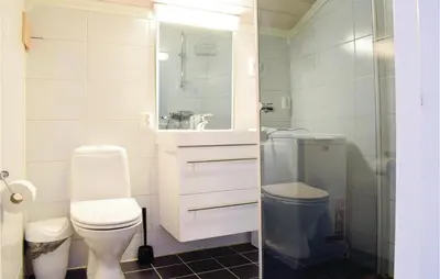 a bathroom with a toilet and a sink and a mirror at Sjusjøen Setergrend 4730 in Sjusjøen