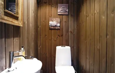 a wooden bathroom with a toilet and a sink at Sjusjøen Setergrend 4763 in Sjusjøen