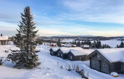 a snow covered village with a tree and buildings at Sjusjøen Setergrend 4763 in Sjusjøen