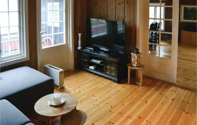 a living room with a television and a wooden floor at Three-Bedroom Holiday Home In Sjusjoen in Sjusjøen