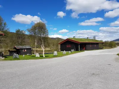 a building with a grass roof on the side of a road at Dovregubbens Hall in Vålåsjø