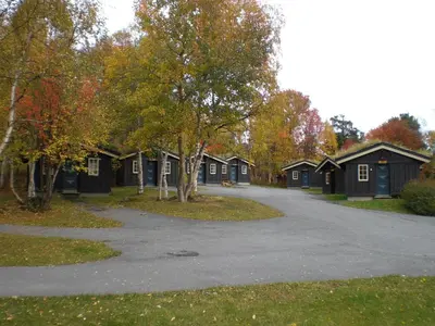 a row of houses with trees and a driveway at Vekve Hyttetun in Oppdal