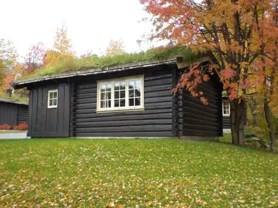 a log cabin with a grass roof at Vekve Hyttetun in Oppdal