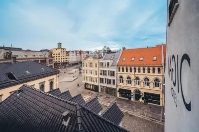 an overhead view of a city with buildings and roofs at Magic Hotel Bergen City Center, a member of Radisson Individuals in Bergen