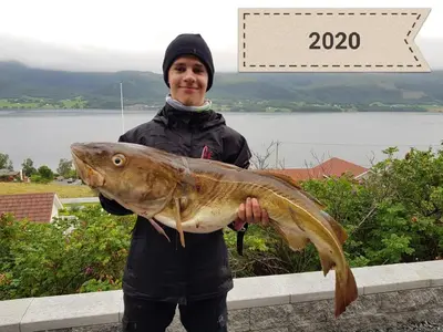 a woman holding a large fish in her hand at Holiday Home Kvernesfjorden in Averoy