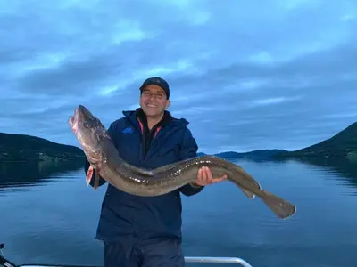 a man holding a large fish in his hand at Holiday Home Kvernesfjorden in Averoy