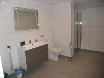 a bathroom with a toilet and a sink and a mirror at Mørkve Apartement in Myrkdalen