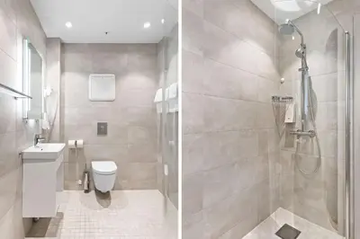 two pictures of a bathroom with a shower and a toilet at Bergen Harbour Hotel, WorldHotels Crafted in Bergen