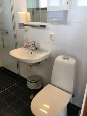 a bathroom with a white toilet and a sink at Sandmoen Bed & Breakfast, Free Parking in Trondheim