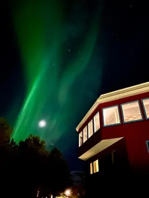 a building with the aurora in the sky at Stav Hotel in Malvik