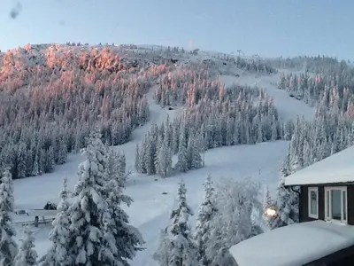 a snow covered mountain with trees and a building at Kvitfjell Hotel Kvitfjellvegen 492 in Kvitfjell