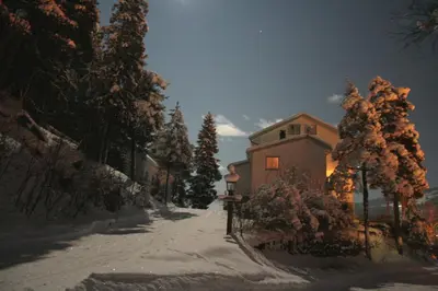 a house on a snow covered road next to trees at Furulund Pensjonat in Ron