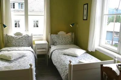 two beds in a green room with two windows at Furulund Pensjonat in Ron