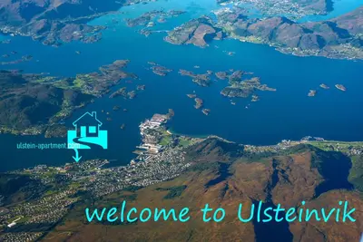 a view of a lake with the words welcome to australia at Apartment Ulsteinvik in Ulsteinvik
