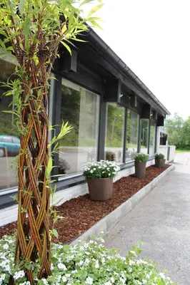 a building with potted plants in front of it at Støren Hotel in Storen