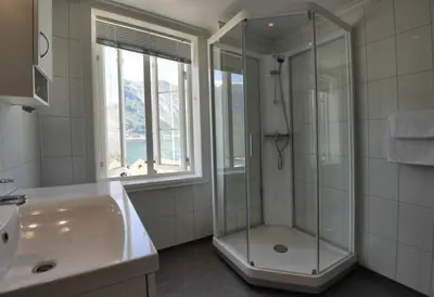 a bathroom with a shower and a sink at Vangsgaarden Gjestgiveri in Aurland