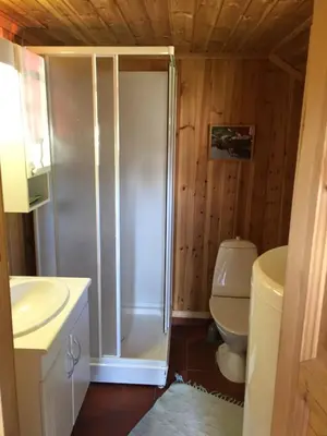 a bathroom with a shower and a toilet at Løngdal in Tuddal