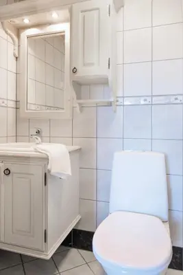 a white bathroom with a toilet and a sink at Filefjellstuene hytter og leiligheter in Tyinkrysset