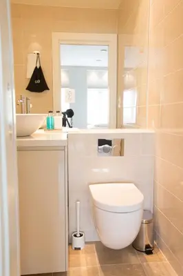 a bathroom with a white toilet and a sink at 2 Døtre Apartments by Hotel Park in Bergen