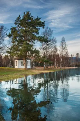a house and a tree next to a lake at Hurdalsjøen Hotel & Spa in Hurdal