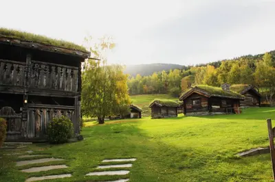 a group of buildings with grass roofs on a field at Sygard Storrvik in Storrvik