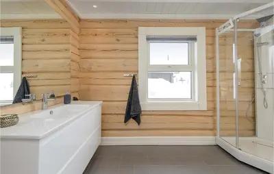 a bathroom with wooden walls and a sink and a window at Lovely Home In Sjusjøen With Sauna in Sjusjøen