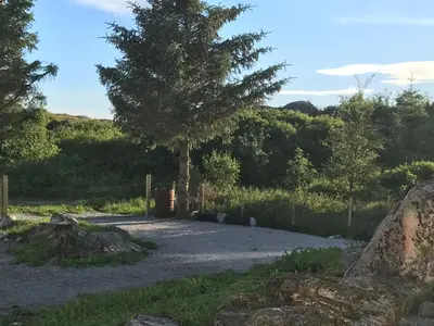 a tree in the middle of a gravel road at 1-rom Apartment Sommer - Frøya in Sætra