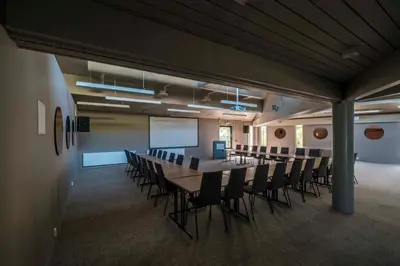 a large conference room with a long table and chairs at Hardangerfjord Hotel in Øystese