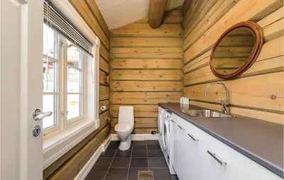 a bathroom with wooden walls and a toilet and a sink at Amazing Home In Sjusjøen With Sauna in Sjusjøen