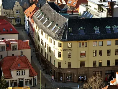 an overhead view of a city with buildings at City Hostel Bergen in Bergen
