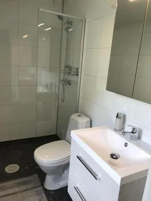 a bathroom with a toilet and a shower and a sink at Tunold Gård - Gamle huset in Mindresunde