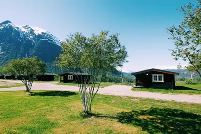 a tree in the middle of a field with a building at Trollstigen Resort in Åndalsnes