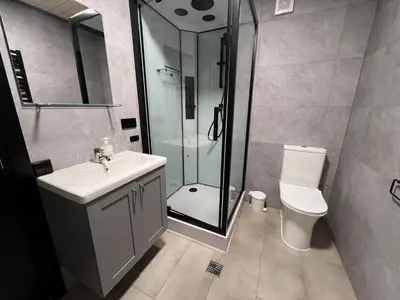 a bathroom with a shower and a sink and a toilet at Trollstigen Resort in Åndalsnes