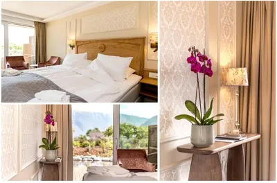 a collage of pictures of a hotel room with a bed and flowers at Walaker Hotel in Solvorn