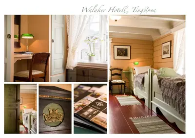 a collage of pictures of a bedroom with a bed and a window at Walaker Hotel in Solvorn