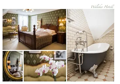 a collage of pictures of a bedroom and a bath tub at Walaker Hotel in Solvorn
