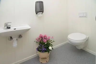 a bathroom with a toilet and a sink and flowers at Munkeby Herberge in Levanger