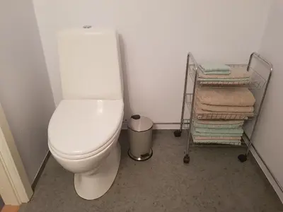 a bathroom with a toilet and a rack of towels at Family Room in Modern House in Eide