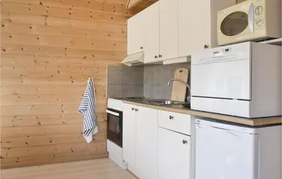 a kitchen with white appliances and a wooden wall at Gorgeous Home In Vallavik With Wifi in Vangsbygd