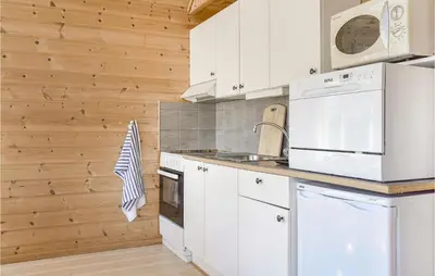 a kitchen with white appliances and wooden walls at 3 Bedroom Pet Friendly Home In Vallavik in Vangsbygd