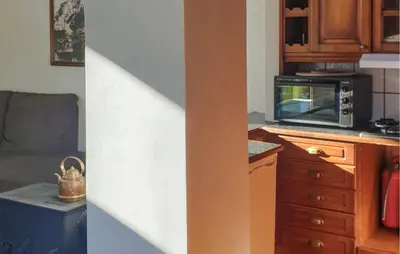 a kitchen with a counter and a microwave oven at 2 Bedroom Cozy Home In Vallavik in Vangsbygd