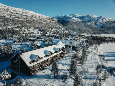 an aerial view of a resort in the snow at Hovdestøylen in Hovden